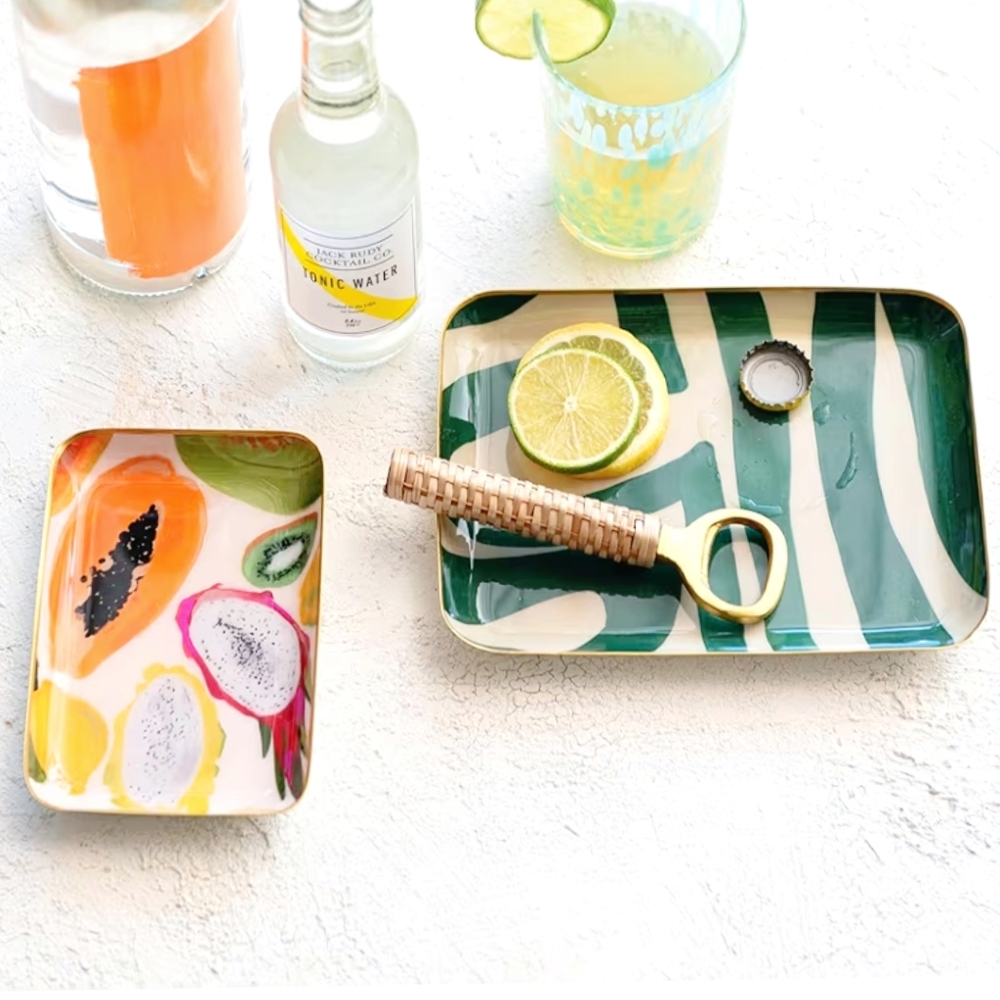 Creative Co-Op NWT 2pc Fruit & Abstract Swirl Metal & Enamel Tray Set